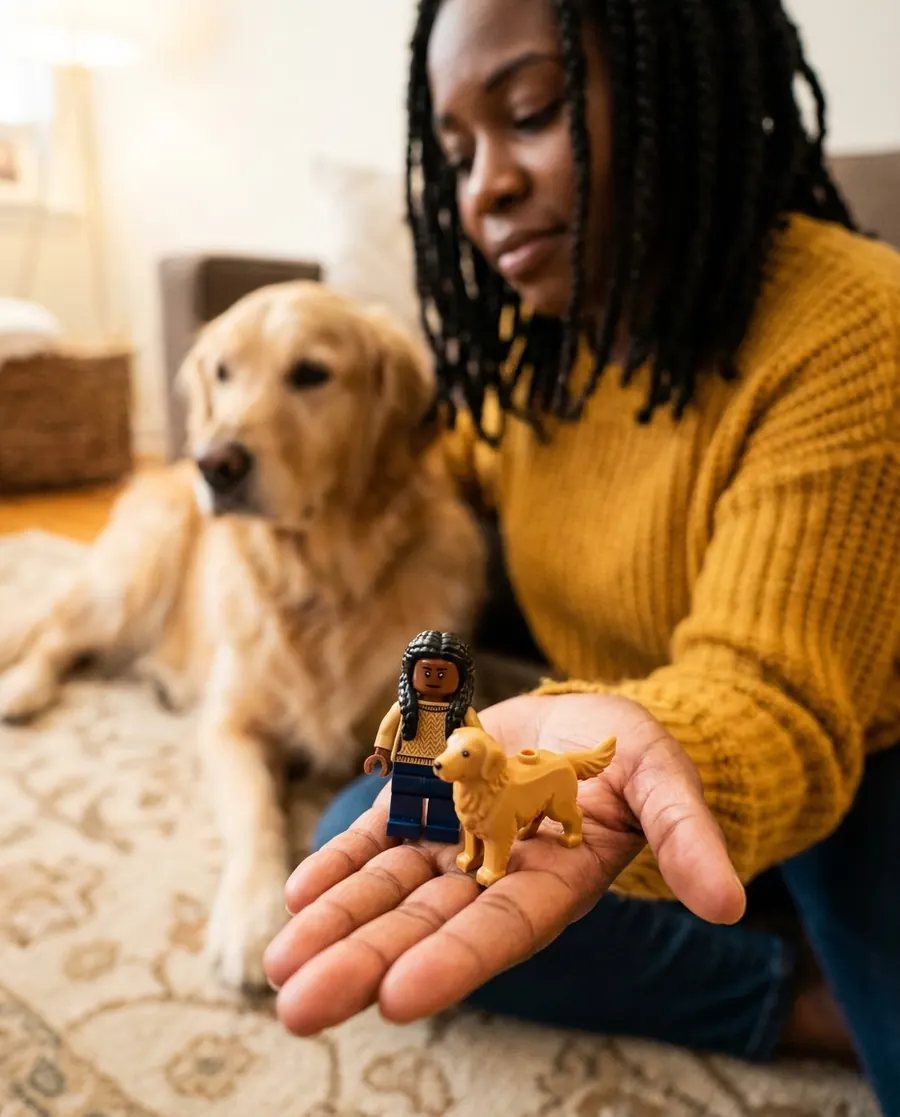 Concept render: pet + owner figures gift with custom minifigures