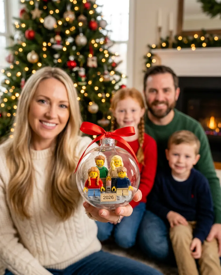 Concept render: family by a Christmas tree with a clear ornament holding minifigures of themselves